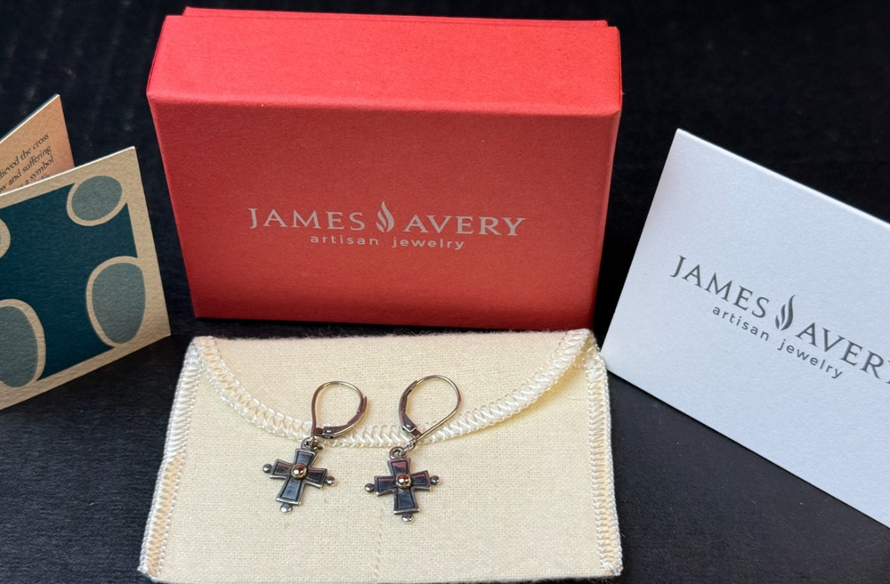 James Avery Retired Silver and 14k Gold Cross Dangle Leverback Earrings
